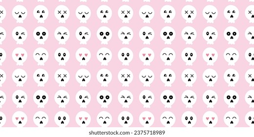 Seamless pattern white emoticon skulls on pink background for halloween in flat vector style