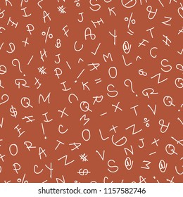 Seamless Pattern of white english alphabet on brown background. Vector design. 