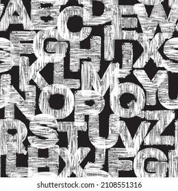 Seamless pattern of white English letters with a textile texture on a black backdrop. Vector background with capital bold Latin letters in retro style. Suitable for wallpaper, wrapping paper, fabric