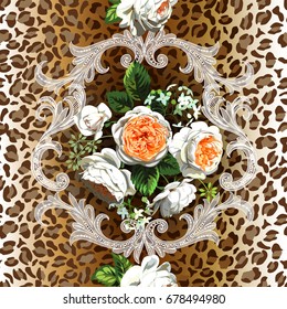 Seamless pattern with white English roses, lace scrolls on jaguar skin print 1