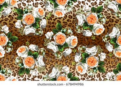 Seamless pattern with white English roses on jaguar skin print 2
