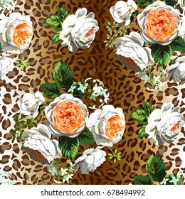 Seamless pattern with white English roses on jaguar skin print 1