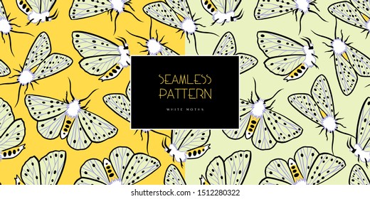 Seamless pattern. White ermine moth. Illustration of a moth on a yellow background. Great for fabric and more.