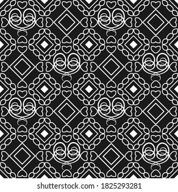 Seamless pattern. White ethnic ornament with rhombuses on a dark background. Monochrome drawing. Vector illustration
