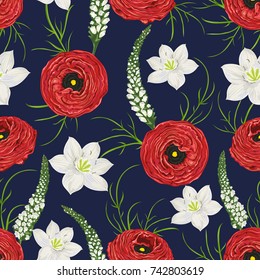 Seamless pattern with white eucharis lily, red ranunculus and snapdragons. Decorative holiday floral background. Vintage vector illustration in watercolor style