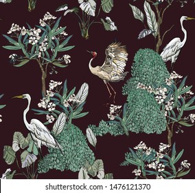Seamless Pattern White Exotic Cranes Birds in Blooming Summer Garden with  Oleander Flowers Trees on Dark Drama Background Hand Drawn Ink  Night Floral Print Realistic Illistration