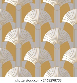 Seamless pattern with white fans on golden and grey. Art deco style. Vintage print. Vector background