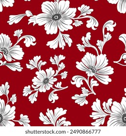 Seamless pattern of white fantasy flowers on a red background in Chinese style suitable for textiles on silk satin Vector