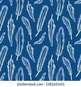 Seamless pattern white feather on classic blue background. vector illustration. Repeating background of bird feather.