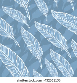 seamless pattern with white feather on blue background Eps-8