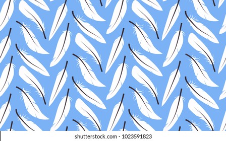 Seamless pattern with white feathers on blue background. Vector texture for your wrappers, wallpaper and your design.