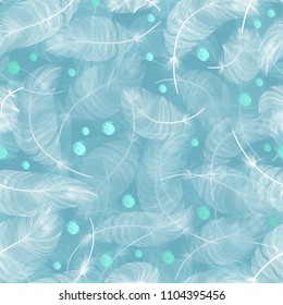 Seamless pattern with white feathers on a blue background. Vector illustration.