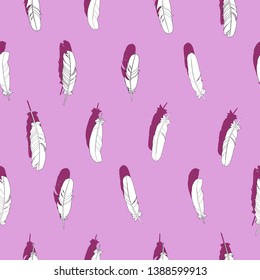 Seamless pattern with white feathers on pink rose background with darker shadows.