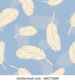 seamless pattern with white feathers on the blue background. vector illustration 
