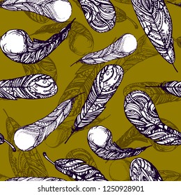 seamless pattern with white feathers with ornaments in ethnic style, hand-drawing sketch, vector, eps 10