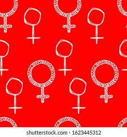 Seamless pattern with white Female gender sign on red background for Happy Women's Day. Women symbol. Doodle style.  Template design for invitation, poster, card, fabric, textile. 