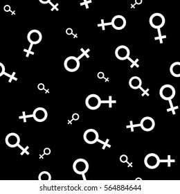Seamless pattern with white female symbols. Female small signs different sizes. Pattern on black background. Vector