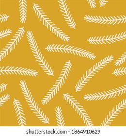 Seamless pattern white fir branches mustard yellow background  Christmas ornament  ideal for drawing paper fabric  for interior decoration