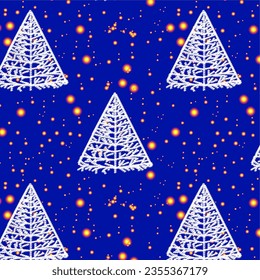 seamless pattern of white fir trees on a blue background with yellow lights, vector