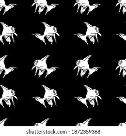 Seamless pattern of white fish, black background, doodle style, outline, simple, wildlife, underwater, gothic, sea, ocean, tropic, aquarium, backdrop, paper, typography, clothing, gift paper, wrapper
