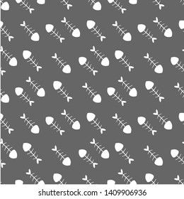 Seamless pattern white fish bones vector on gray blackground.