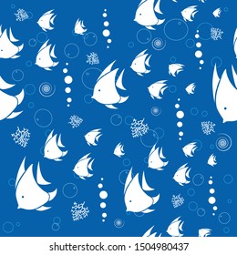 Seamless pattern. White fish and bubbles on blue backround. Vector illustration.