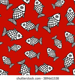 Seamless pattern with white fish of different sizes on a red background. Vector illustration