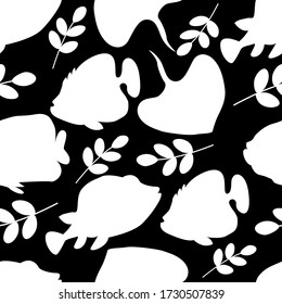 Nahtlose Muster weißer Fische und Blätter auf schwarzem Hintergrund. Für die Gestaltung von Tapeten, Verpackungspapier, Cover, Drucken auf Textilien, Kissen.