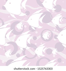 Seamless pattern. White fish and light violet bubbles on light pink backround. Vector illustration.