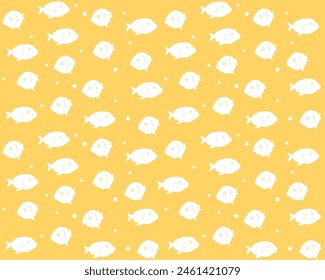 Seamless pattern with white fish on a yellow background. Suitable for design and printing on fabric. Nautical vector illustration in flat style.