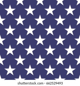 Seamless pattern of white five-pointed stars on blue background. Vector illustration.