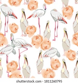 Seamless pattern with white flamingo bird and yellow roses flowers. Simple design for fabric. Light pattern. White background.