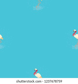 Seamless pattern of white flamingo in a red scarf standing in water on one leg in winter. Vector illustration of exotic bird on blue background. Wildlife concept.