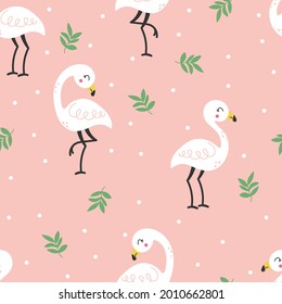 Seamless pattern with white flamingos dots and leaves on a pink background. Cute baby background. Cute tropical wallpaper and fabric print.
