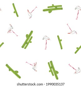 Seamless pattern with white flamingos and green cacti on a white background.