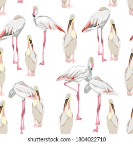 Seamless pattern with white flamingos and pelicane birds. Simple design for fabric. Light pattern. White background.