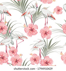 Seamless pattern with white flamingos and pink tropical hibiscus flowers. Simple design to fabric. Light pattern. White background.