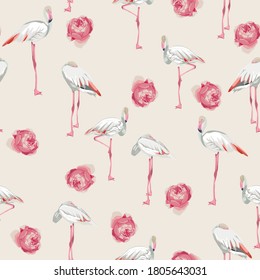 Patrón sin foco con flamencos blancos y flores rosas de jardín rosado. Diseño sencillo para la tela. Patrón claro. Fondo beige.