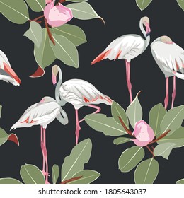 Nahtlose Muster mit weißen Flamingos und rosafarbenen grünen Magnolienblumen Zweig mit Blättern. Einfaches Design für Stoff. Lichtmuster. Schwarzer Hintergrund.