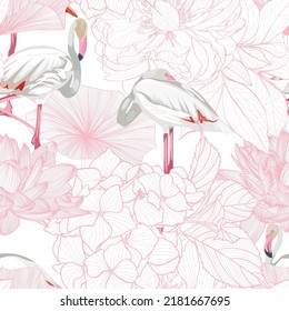 Seamless pattern with white flamingos and pink line garden roses, hydrangea flowers. Simple design to fabric. Light pattern. White background.