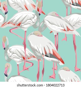 Seamless pattern with white flamingos. Simple design to fabric. Light pattern. Mint background.