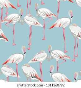 Seamless pattern with white flamingos. Simple design to fabric. Light pattern. Blue background.
