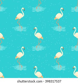 Seamless pattern of white flamingos standing in water on one leg. Vector illustration of exotic birds on blue background. Wildlife concept.