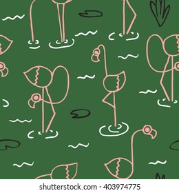Seamless pattern of white flamingos standing in water on one leg. Vector illustration of exotic birds. Sketch flamingo bird symbol. Flamingo silhouette isolated on blue background. Wildlife concept.