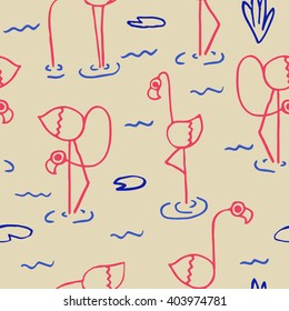 Seamless pattern of white flamingos standing in water on one leg. Vector illustration of exotic birds. Sketch flamingo bird symbol. Flamingo silhouette isolated on blue background. Wildlife concept.