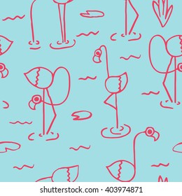 Seamless pattern of white flamingos standing in water on one leg. Vector illustration of exotic birds. Sketch flamingo bird symbol. Flamingo silhouette isolated on blue background. Wildlife concept.