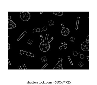 Seamless pattern with white flasks and beakers on the black background