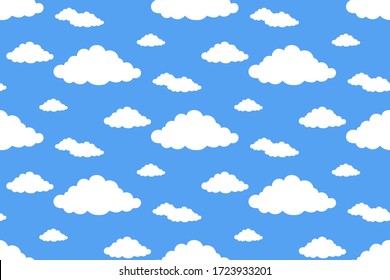 Seamless Pattern White Flat Cloud On Blue Sky Background. 