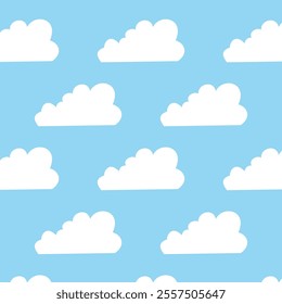 Seamless pattern white flat cloud on blue sky backgroud. Design for blanket, blanket for kids, decorative, carpet wallpaper, fabric, textile design, card , wrapping paper, diary cover, and etc