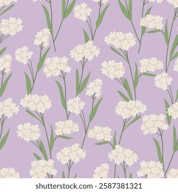 Seamless pattern with white floral branches and leaves. Vector flat background with forget me not flowers. Spring botanical illustration